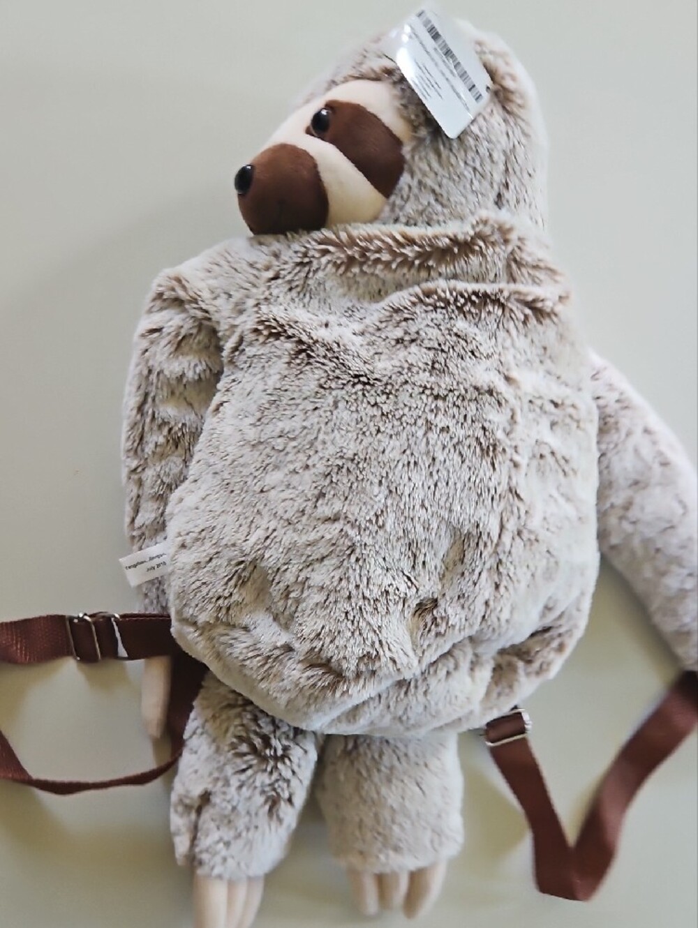 Plush Animal Sloth Soft Zip Pouch Backpack. Beige & Brown. CUTE! New